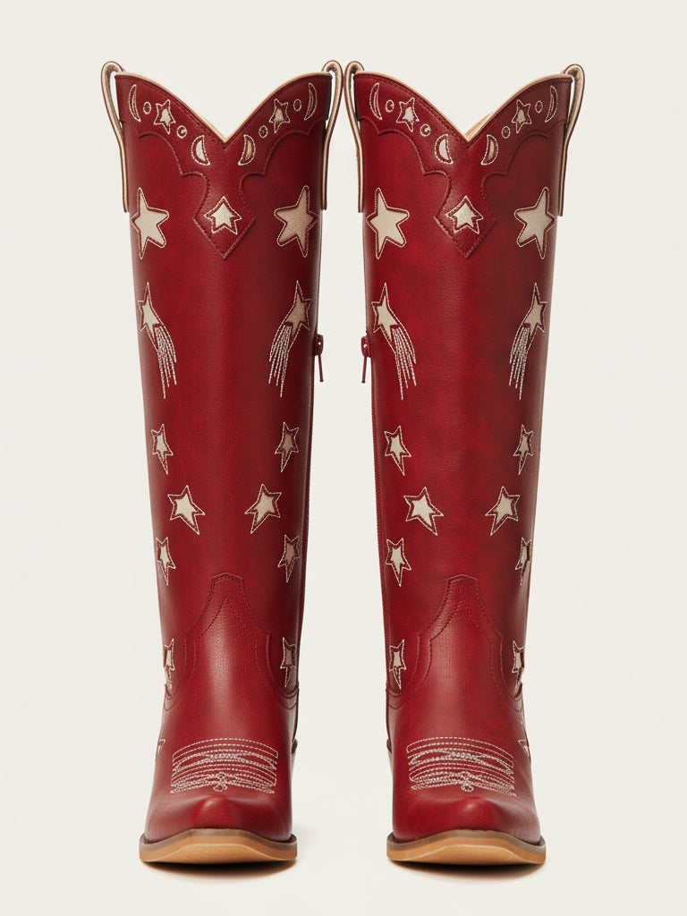 The Cosmic Dreamer: Vintage Red Boots with White Celestial Embroidery Stars and Moons