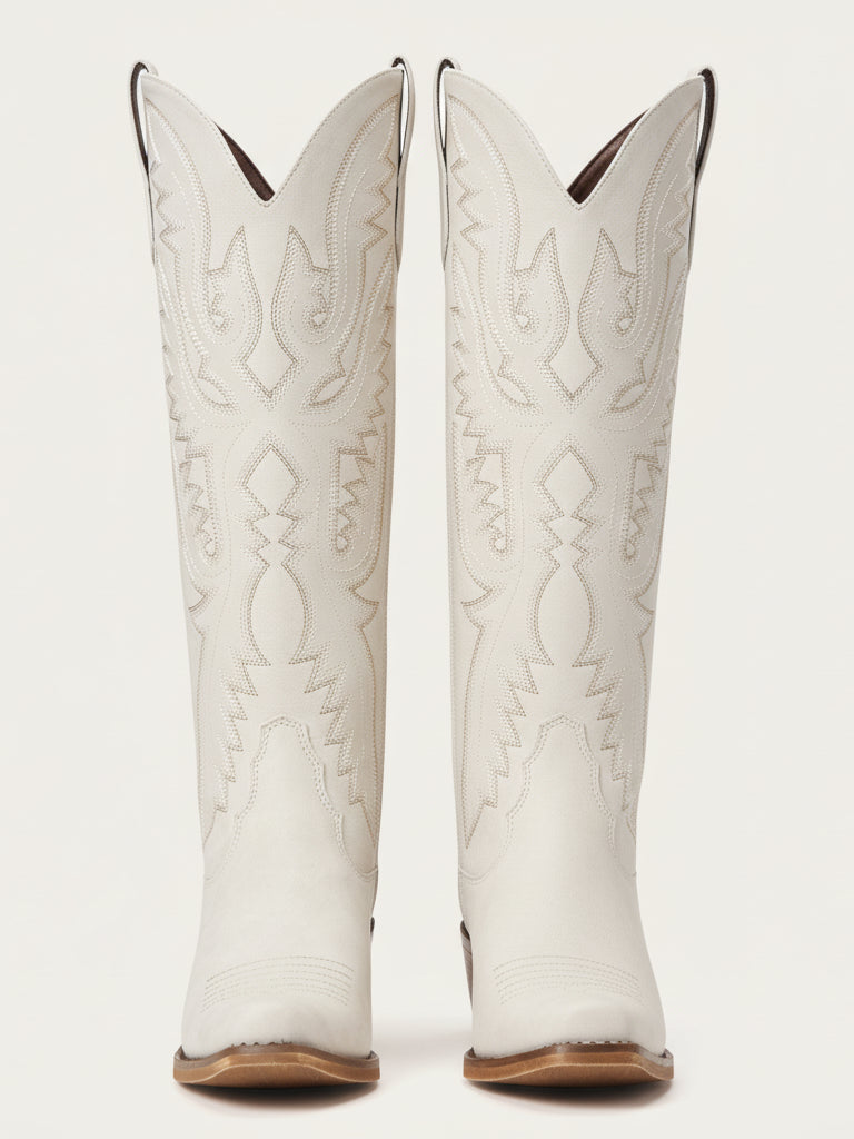 The Savannah: Knee-High Western Boots in Bone White with Lace-Up Detail