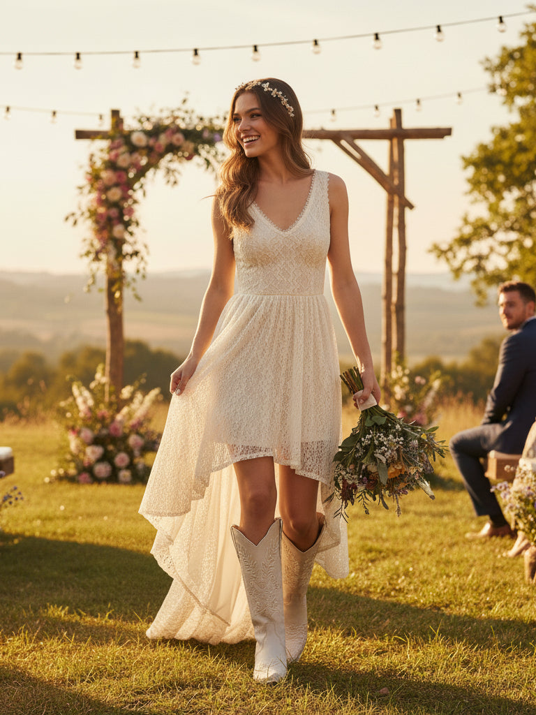 The Ever After: White Boots with Champagne Embroidery & Rhinestones