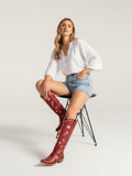 The Cosmic Dreamer: Vintage Red Boots with White Celestial Embroidery Stars and Moons