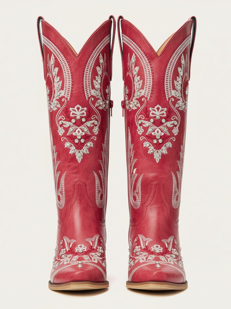 The Starlight Rider: Red & Silver Embroidered Western Boots