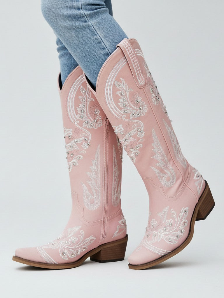 The Starlight Rider: Blush Pink Suede-Finish Western Boots with Crystals