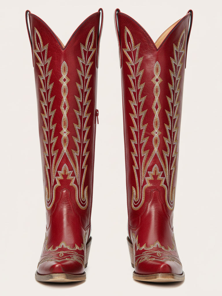 The Dynamo: Rich Red Knee-High Western Boots with Snip Toe & Adjustable Lacing