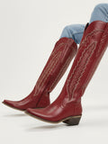 The Caliente: Rich Red Boots with Multi-Tonal Zigzag Embroidery