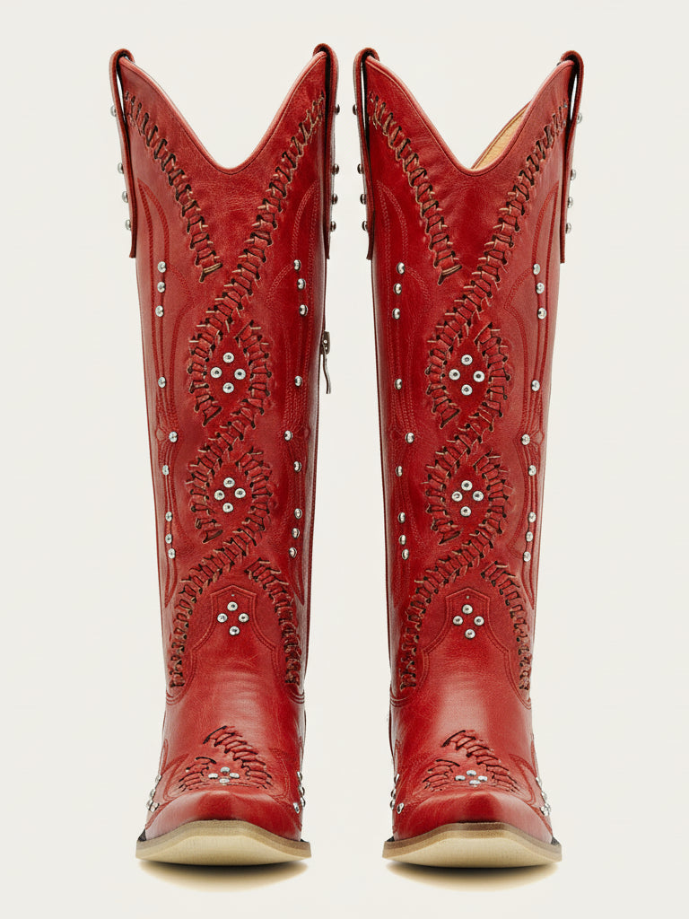 The Renegade: Red Studded Boots with Whipstitch & Turquoise Lining