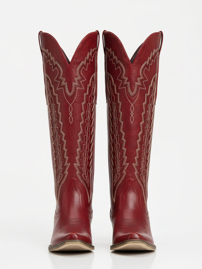 The Caliente: Rich Red Boots with Multi-Tonal Zigzag Embroidery