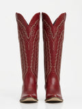 The Caliente: Rich Red Boots with Multi-Tonal Zigzag Embroidery