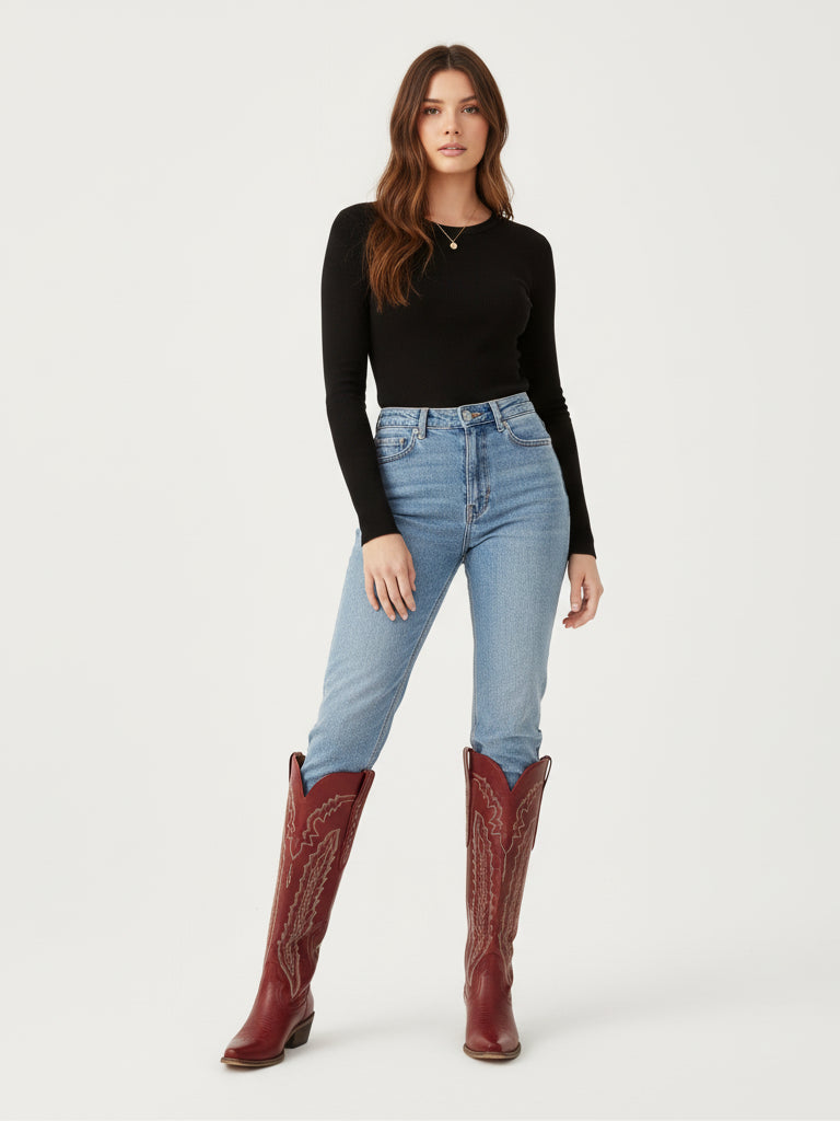 The Caliente: Rich Red Boots with Multi-Tonal Zigzag Embroidery