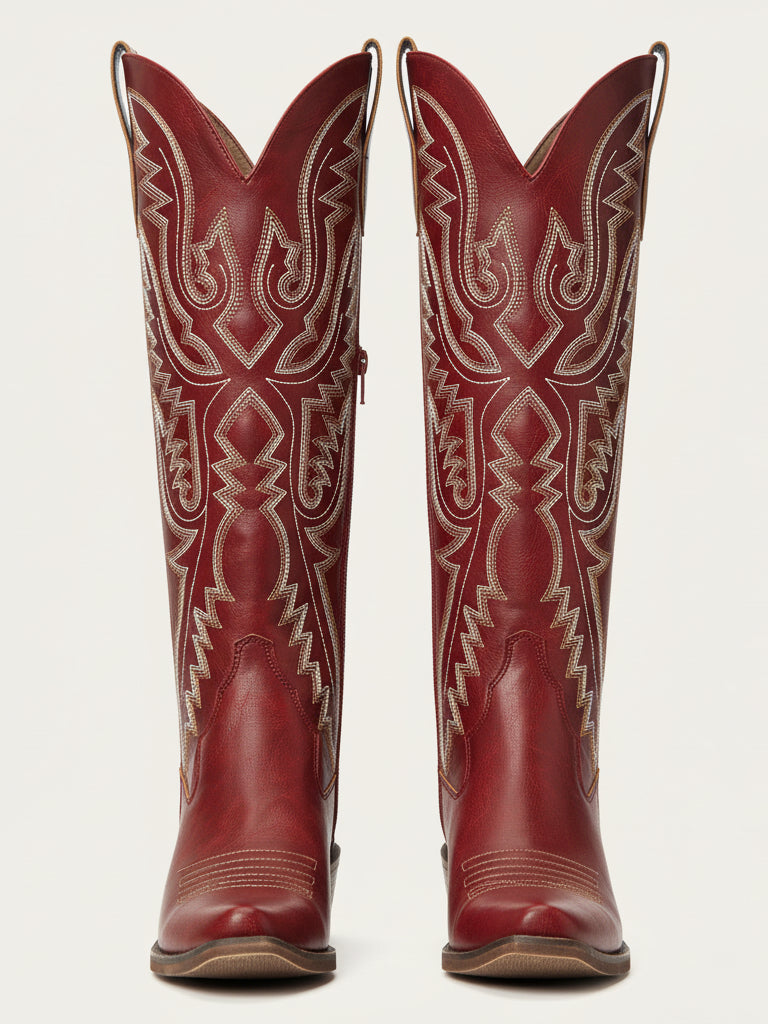 The Savannah: Knee-High Western Boots in Vintage Red with Lace-Up Detail