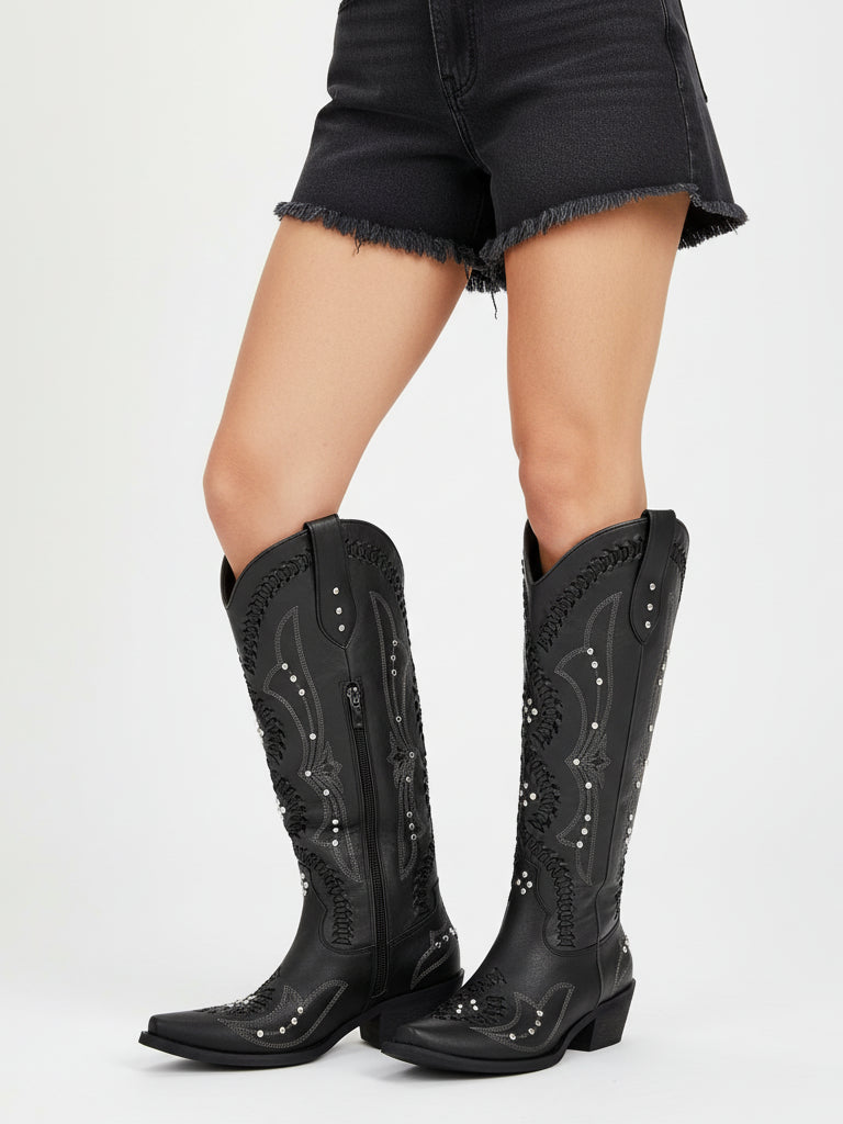 The Renegade: Black Studded Western Boots with Whipstitch Detail