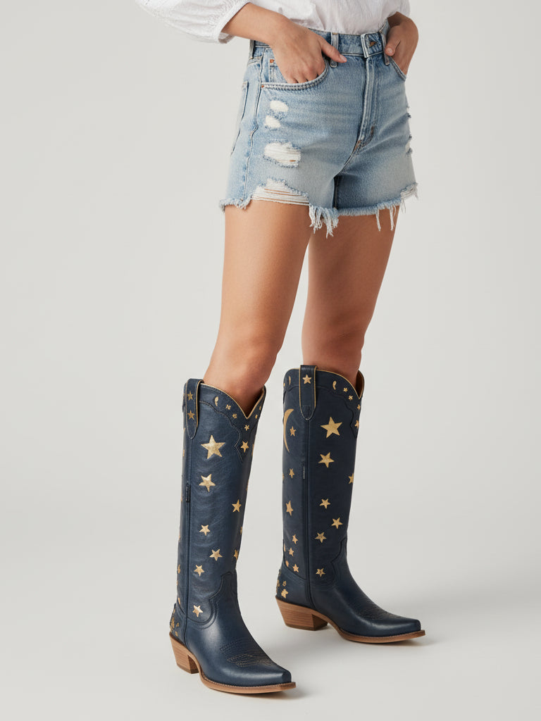 The Cosmic Dreamer: Navy Blue Boots with Gold Star and Moon Inlay Embroidery