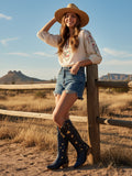 The Cosmic Dreamer: Navy Blue Boots with Gold Star and Moon Inlay Embroidery
