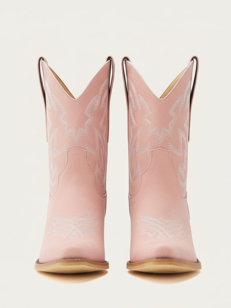 The City Booties: Pink Western Ankle Boots with White Embroidery