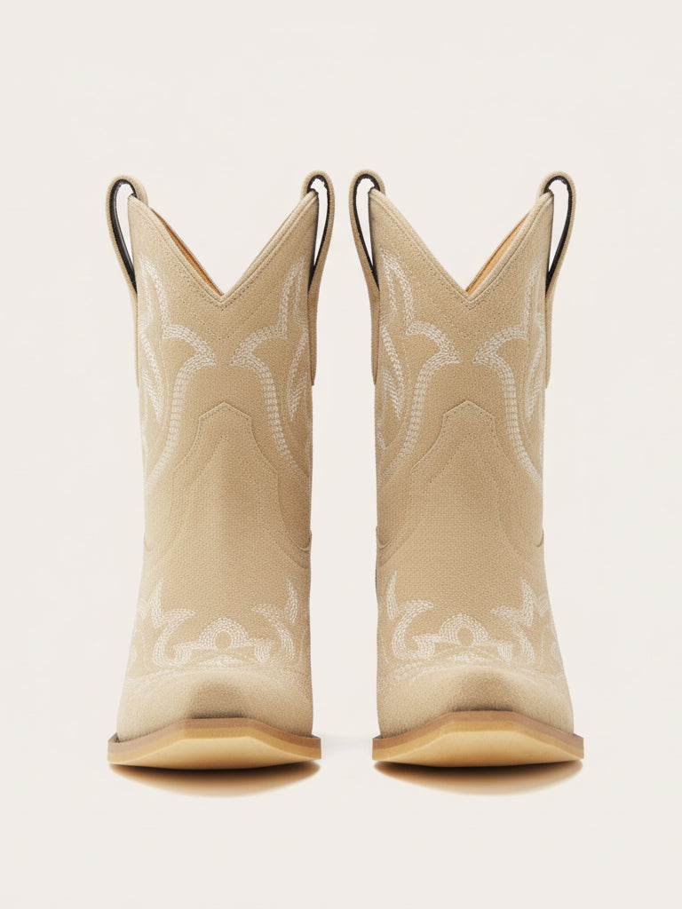 The City Booties: Suede Western Ankle Boots in Neutral Beige