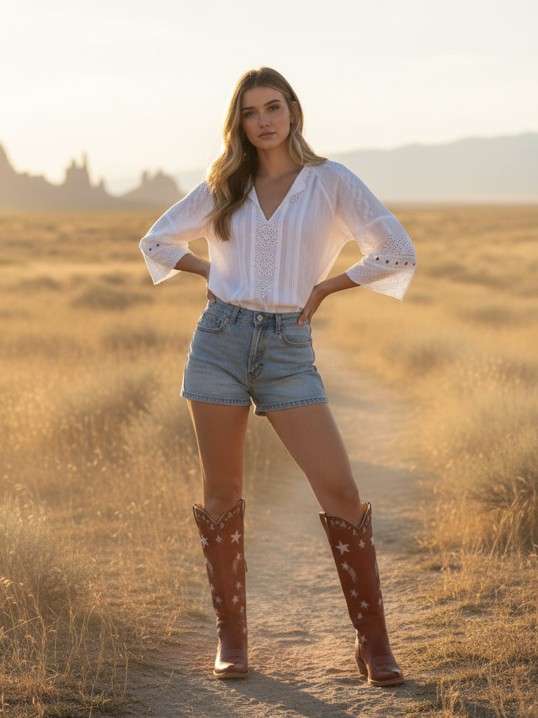 The Cosmic Dreamer: Vintage Red Boots with White Celestial Embroidery Stars and Moons