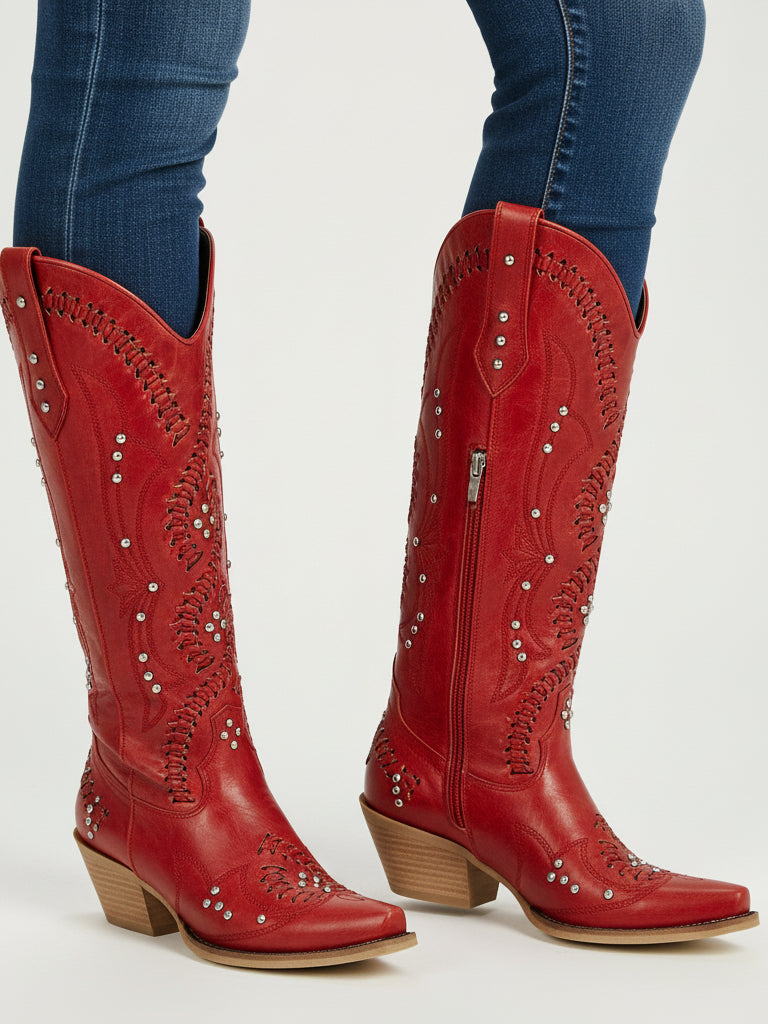 The Renegade: Red Studded Boots with Whipstitch & Turquoise Lining
