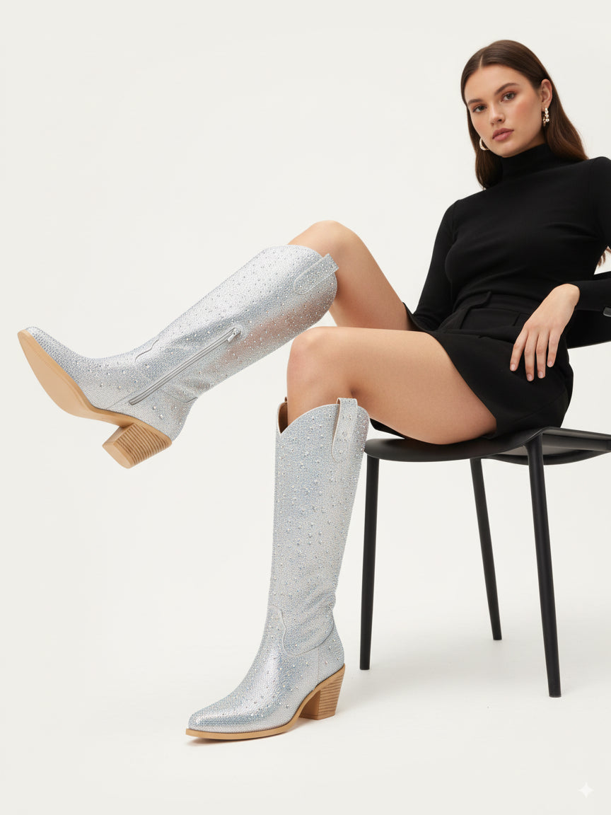 The Supernova: All-Over Silver Rhinestone Cowboy Boots