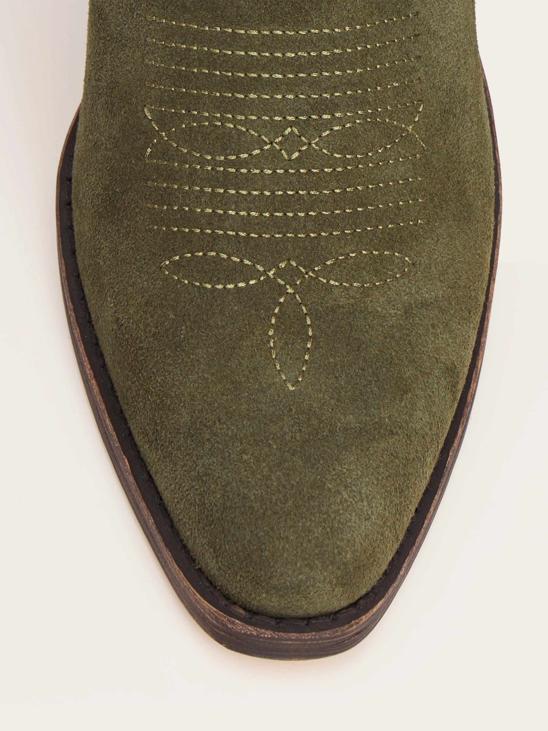 The Legacy: Olive Green Suede-Finish Boots with Intricate Embroidery