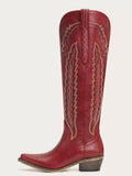 The Caliente: Rich Red Boots with Multi-Tonal Zigzag Embroidery