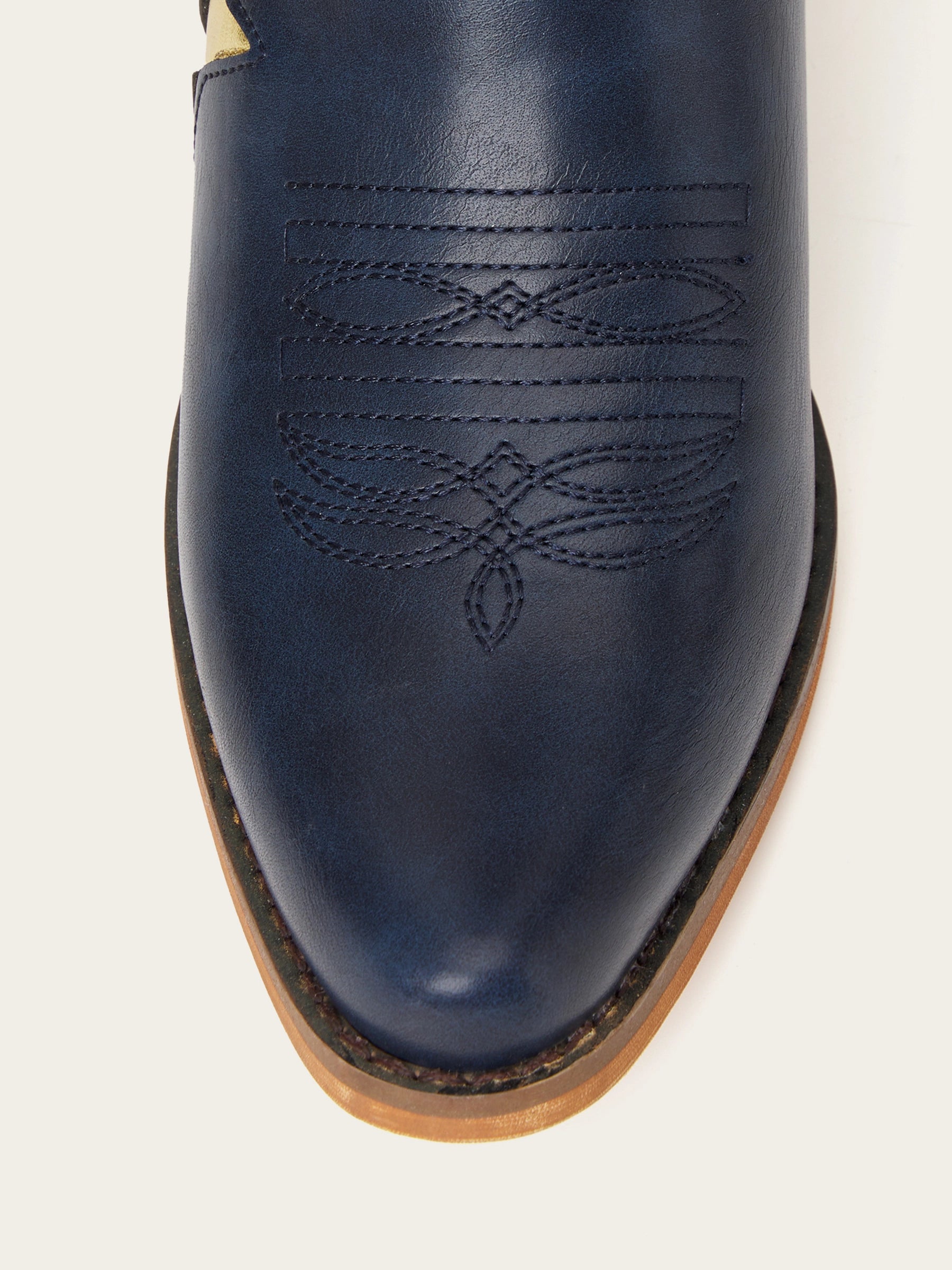 The Cosmic Dreamer: Navy Blue Boots with Gold Star and Moon Inlay Embroidery
